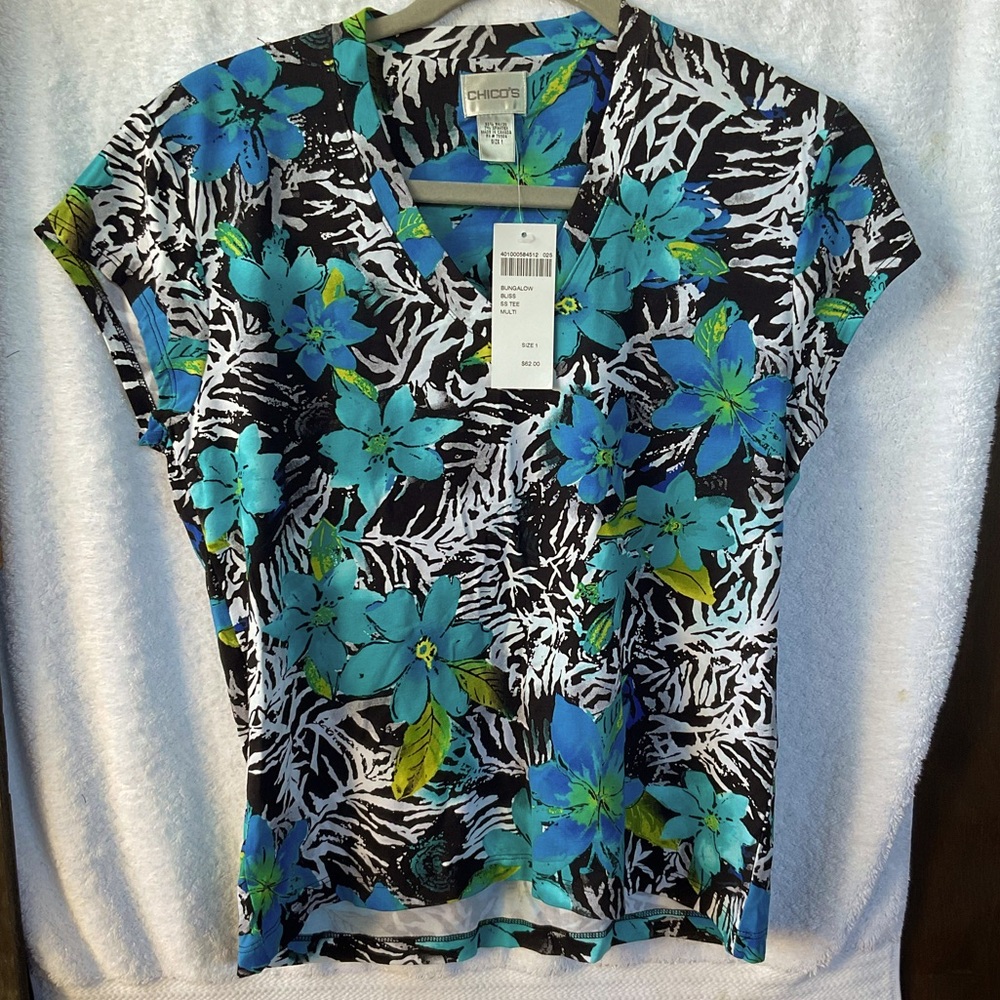Chico’s Bungalow Bliss Short Sleeve Blouse Multi-Color; NWT; M/8